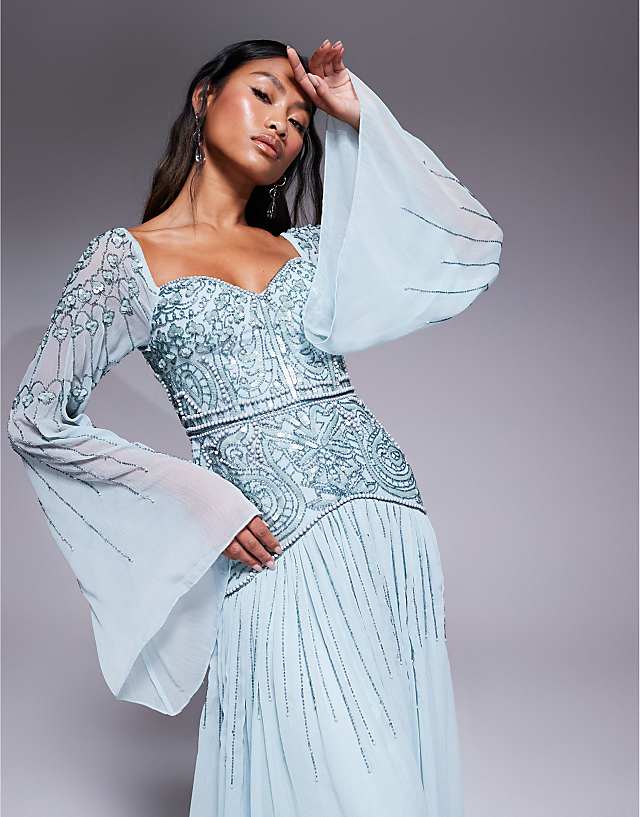 ASOS DESIGN Fluted Sleeve Maxi Dress With Placement Embellishment In Aqua Blue