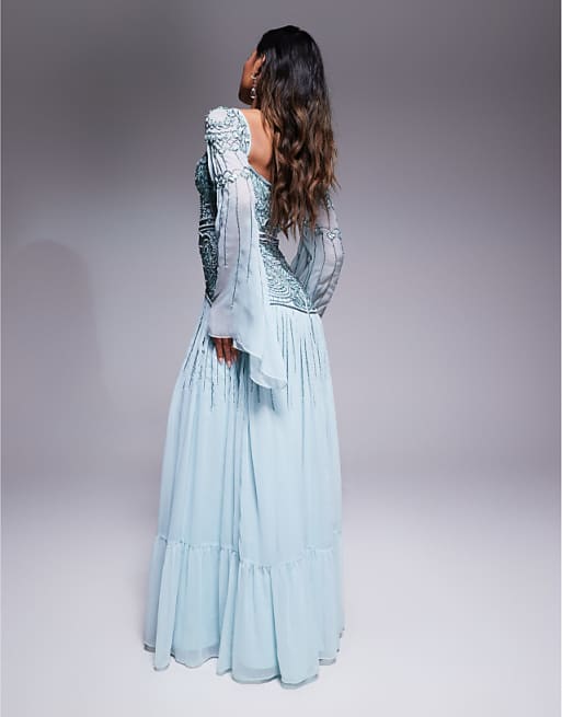 ASOS DESIGN Fluted Sleeve Maxi Dress With Placement Embellishment In Aqua Blue