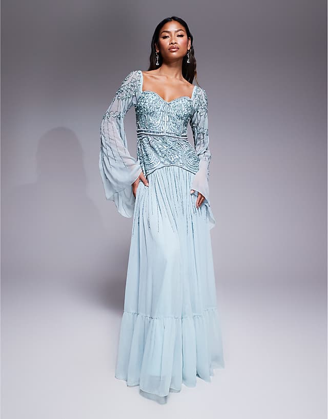 ASOS DESIGN fluted sleeve maxi dress with placement embellishment in aqua blue