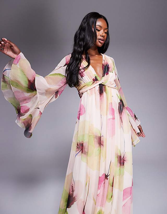 ASOS DESIGN Fluted Sleeve Twist Front Maxi With Plunge Neckline In Pink Floral Print