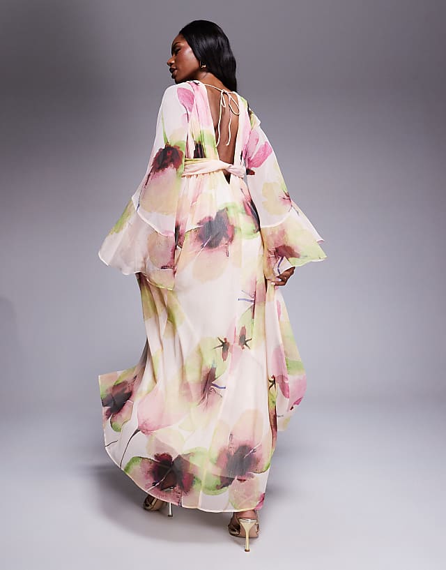 ASOS DESIGN Fluted Sleeve Twist Front Maxi With Plunge Neckline In Pink Floral Print