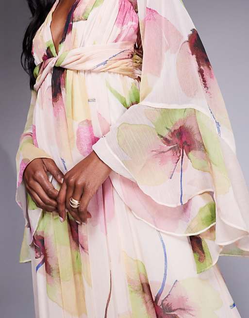 ASOS DESIGN Fluted Sleeve Twist Front Maxi With Plunge Neckline In Pink Floral Print