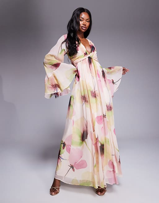 ASOS DESIGN Fluted Sleeve Twist Front Maxi With Plunge Neckline In Pink Floral Print