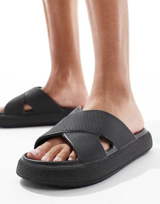 ASOS DESIGN Forever Cross-strap Chunky Sliders In Black
