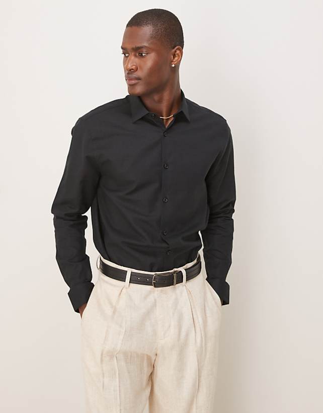 ASOS DESIGN Formal Linen Blend Regular Shirt In Black