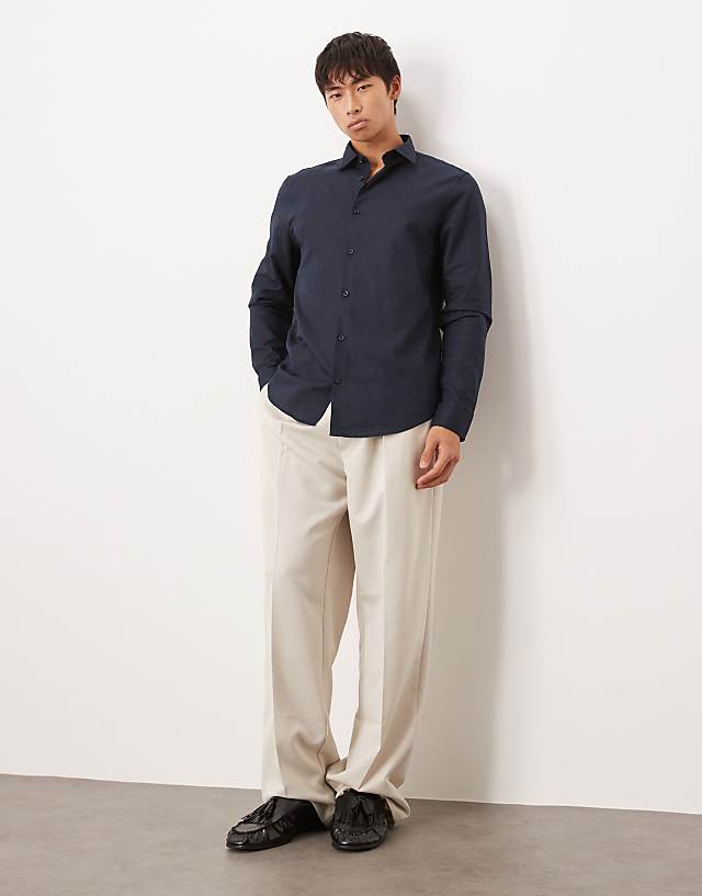ASOS DESIGN Formal Linen Blend Regular Shirt In Navy