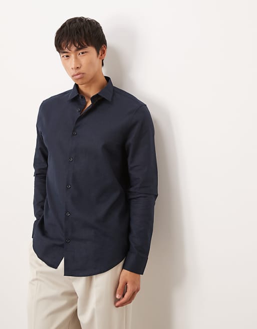 ASOS DESIGN Formal Linen Blend Regular Shirt In Navy