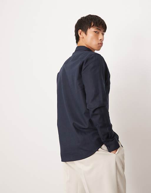 ASOS DESIGN Formal Linen Blend Regular Shirt In Navy
