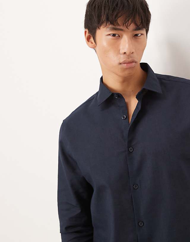 ASOS DESIGN formal linen blend regular shirt in navy