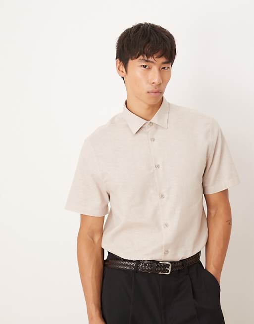 ASOS DESIGN Formal Linen Blend Regular Shirt In Stone