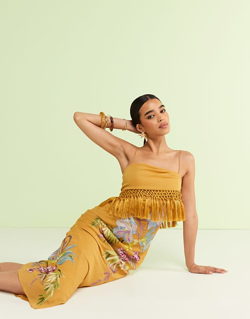 ASOS DESIGN Fringe Detail Embroidered Maxi Dress In Mustard