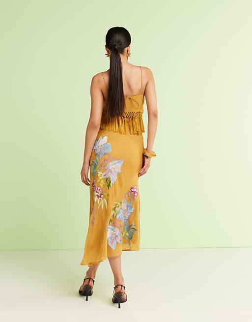 ASOS DESIGN Fringe Detail Embroidered Maxi Dress In Mustard