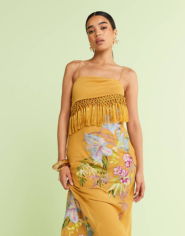 ASOS DESIGN Fringe Detail Embroidered Maxi Dress In Mustard