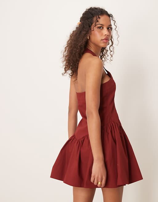 ASOS DESIGN Halter Mini Dress With Ruffle Hem In Burgundy