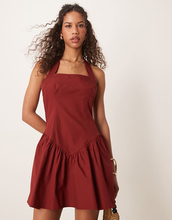 ASOS DESIGN Halter Mini Dress With Ruffle Hem In Burgundy