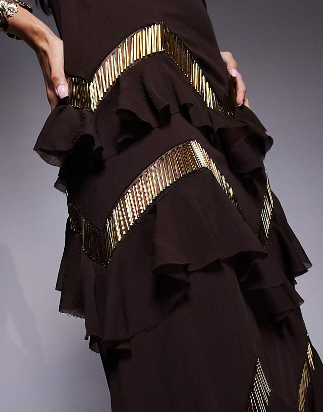 ASOS DESIGN Halter Neck Tiered Embellished Ruffle Maxi Dress In Chocolate