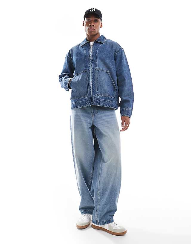 ASOS DESIGN Harrington Jacket In Mid Wash Blue