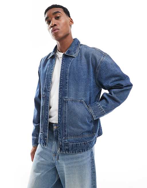 ASOS DESIGN Harrington Jacket In Mid Wash Blue