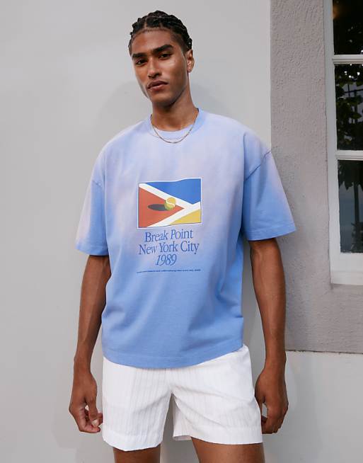 ASOS DESIGN Heayweight Boxy Oversized T-shirt With Chest Print In Washed Blue