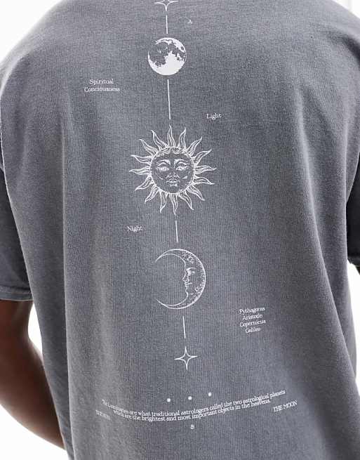 ASOS DESIGN Heayweight Oversized T-shirt With Celestial Spine Print In Washed Grey