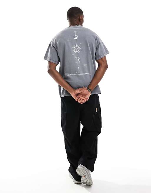 ASOS DESIGN Heayweight Oversized T-shirt With Celestial Spine Print In Washed Grey