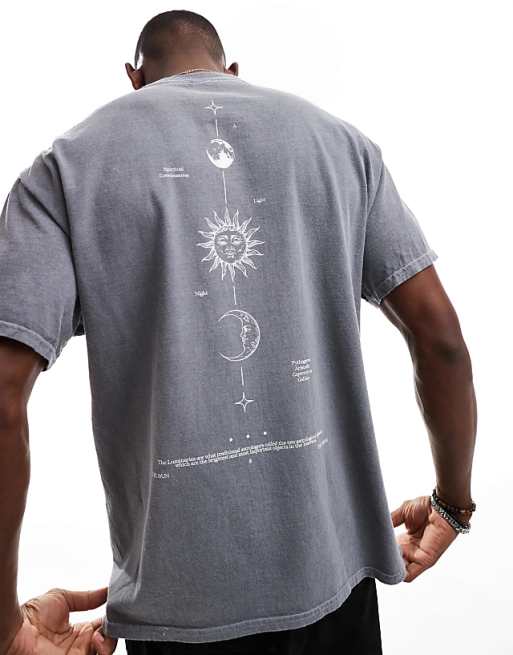 ASOS DESIGN heayweight oversized t-shirt with celestial spine print in washed grey