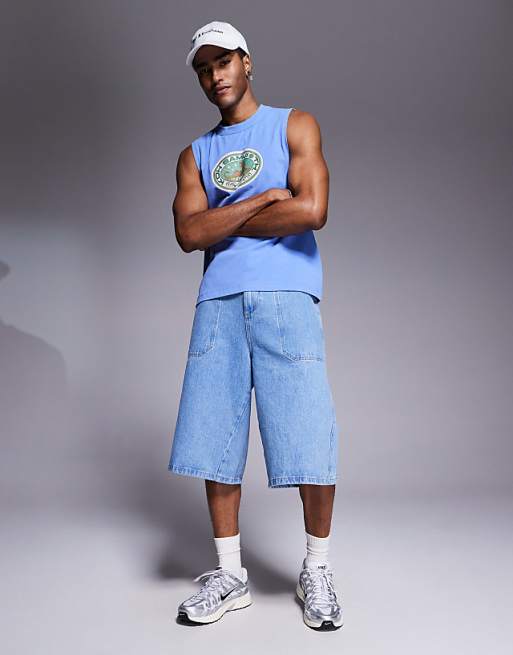 ASOS DESIGN Heayweight Relaxed Boxy Vest In With Front Graphic In Blue