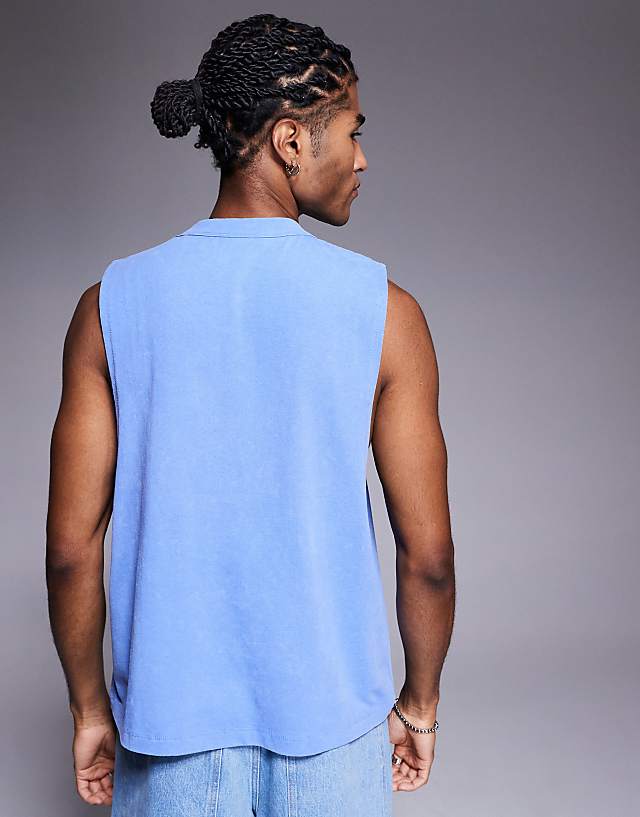 ASOS DESIGN Heayweight Relaxed Boxy Vest In With Front Graphic In Blue