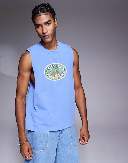ASOS DESIGN heayweight relaxed boxy vest in with front graphic in blue
