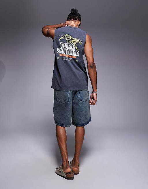 ASOS DESIGN heayweight tank with text graphic in washed black