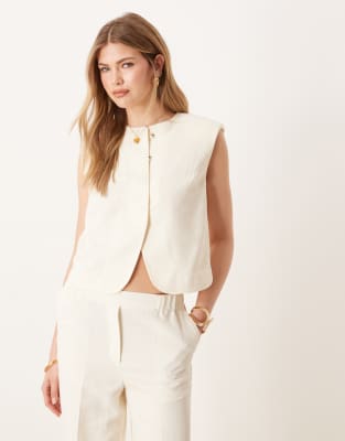 ASOS DESIGN High Neck Boxy Waistcoat & Tailored Straight Leg Trouser Co-ord With Linen In Ivory