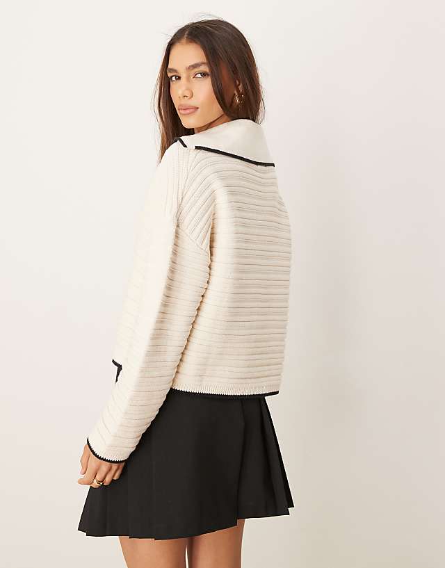 ASOS DESIGN Knitted Collar Jumper With Tipping Detail In Cream