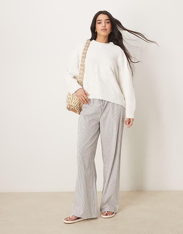 ASOS DESIGN Knitted Crew Neck Jumper With Flower Stitch In Cream