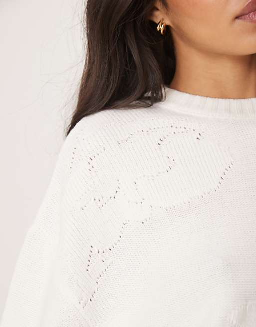 ASOS DESIGN Knitted Crew Neck Jumper With Flower Stitch In Cream