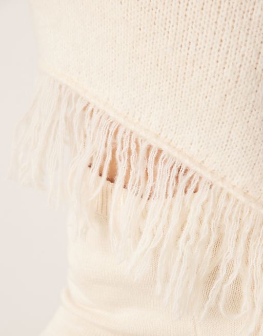 ASOS DESIGN Knitted Crew Neck Jumper With Fringe Hem Detail In Cream