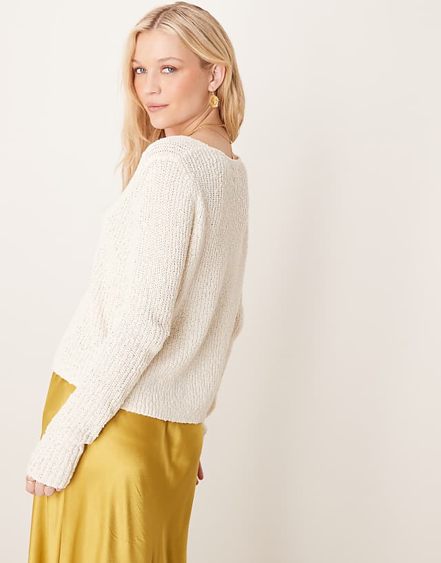 ASOS DESIGN Knitted Hook And Eye Split Front Cardigan In Textured Yarn In Cream