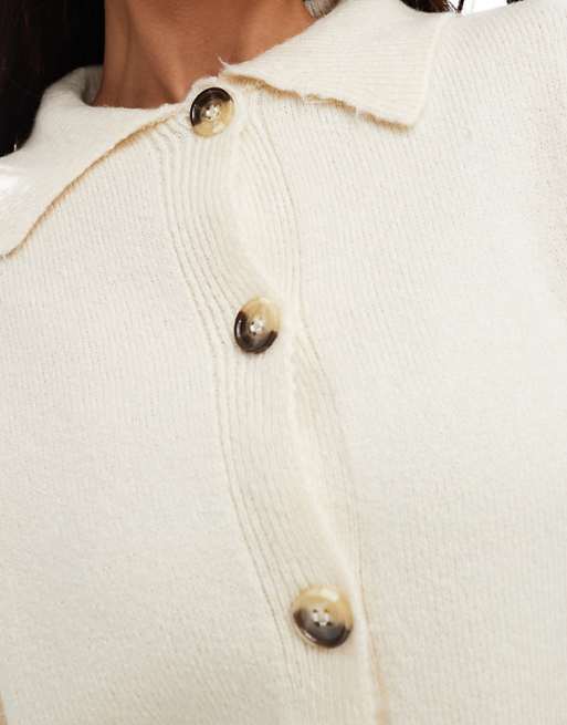 ASOS DESIGN Knitted Short Sleeve Shirt Cardigan In Cream