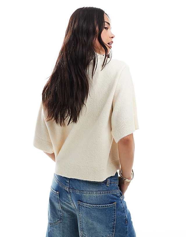 ASOS DESIGN Knitted Short Sleeve Shirt Cardigan In Cream