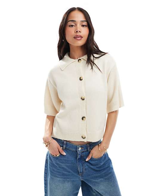ASOS DESIGN knitted short sleeve shirt cardigan in cream