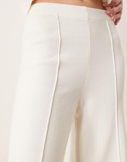 ASOS DESIGN Knitted Structured Wide Leg Trouser With Seam Front Detail In Cream