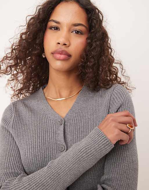 ASOS DESIGN Knitted V Neck Rib Cardigan In Grey