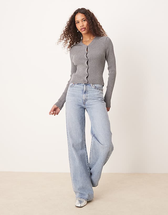 ASOS DESIGN Knitted V Neck Rib Cardigan In Grey