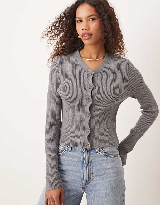 ASOS DESIGN knitted v neck rib cardigan in grey