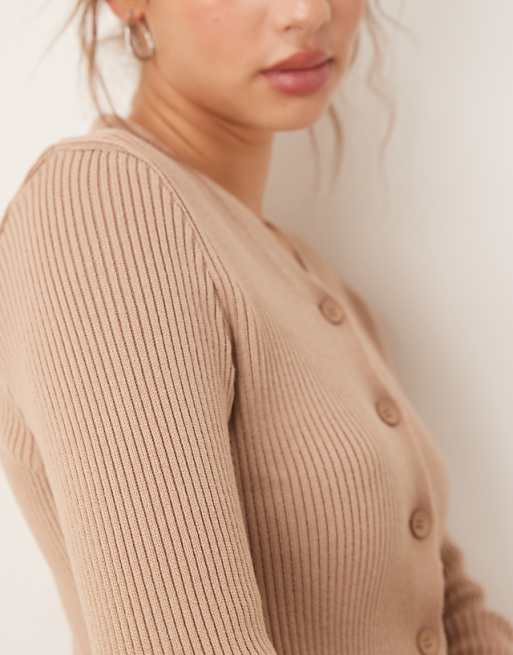ASOS DESIGN Knitted V Neck Rib Cardigan In Mocha