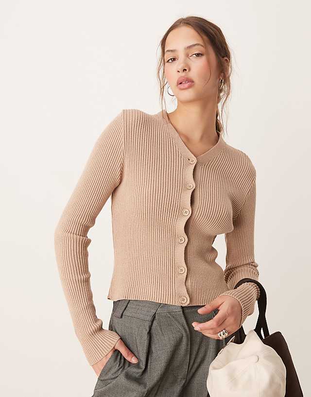 ASOS DESIGN knitted v neck rib cardigan in mocha