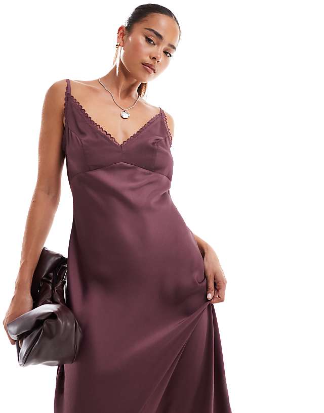 ASOS DESIGN Lace Trim Midi Cami Slip Dress In Burgundy