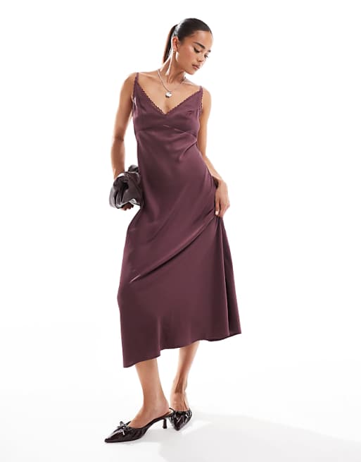 ASOS DESIGN lace trim midi cami slip dress in burgundy
