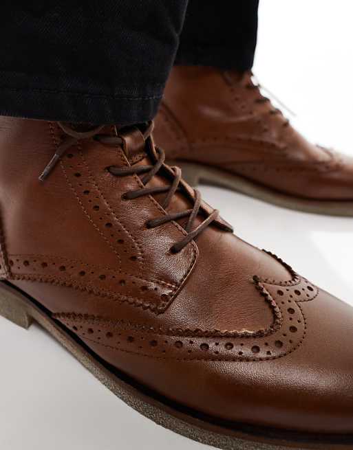 ASOS DESIGN Lace Up Brogue Boots In Tan Leather With Natural Sole