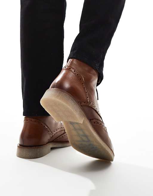 ASOS DESIGN Lace Up Brogue Boots In Tan Leather With Natural Sole
