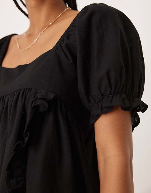 ASOS DESIGN Linen Babydoll Puff Sleeve Playsuit With Bow Back Detail In Black